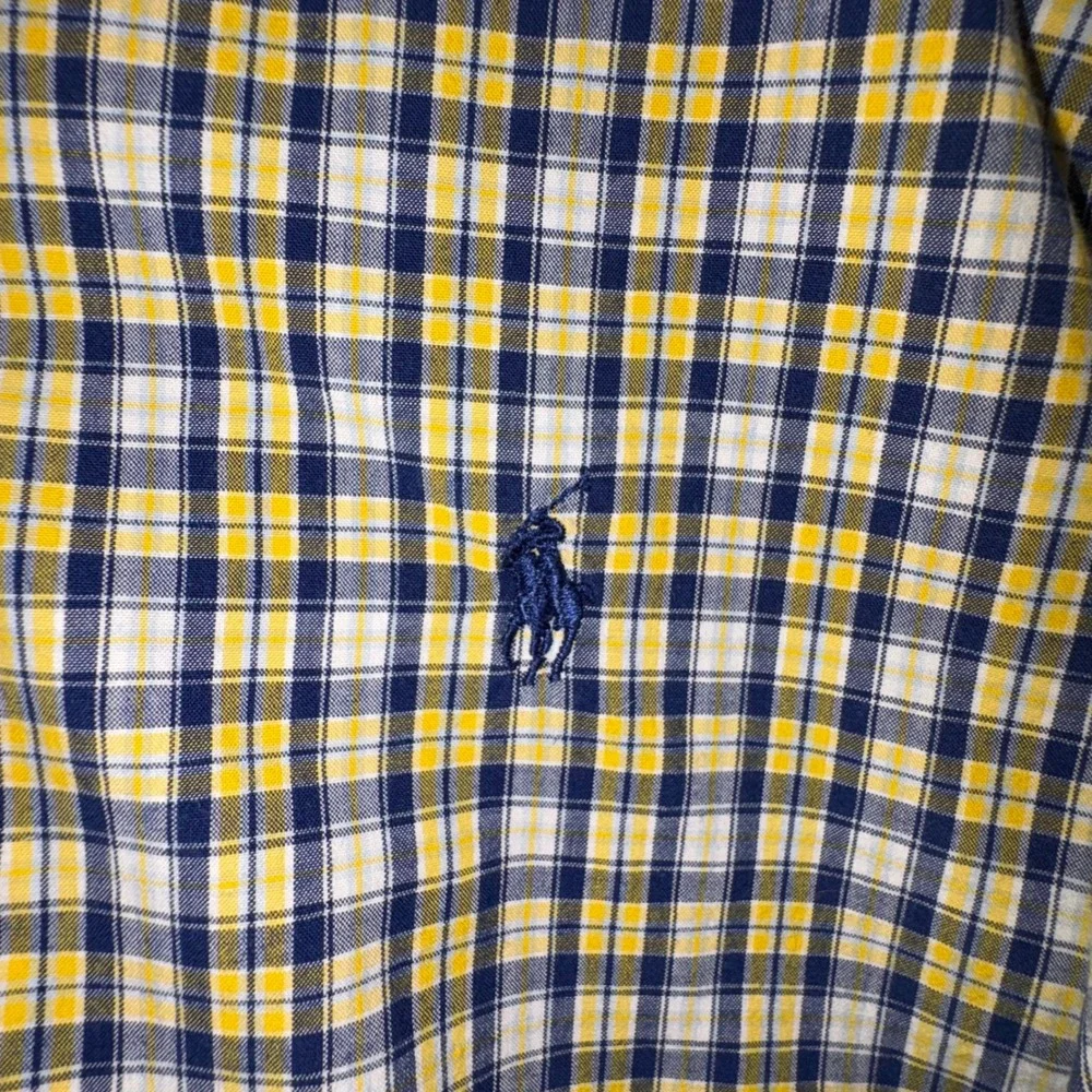 Ralph Lauren Boys M 12-14 Plaid Button Down Shirt Yellow Navy Blue Cotton Pony
